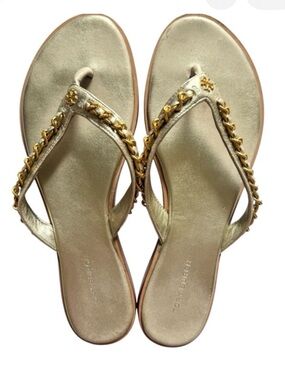 Tory Burch Everly Metallic Gold Chain-Trim Flip Flop Sandals Size 7